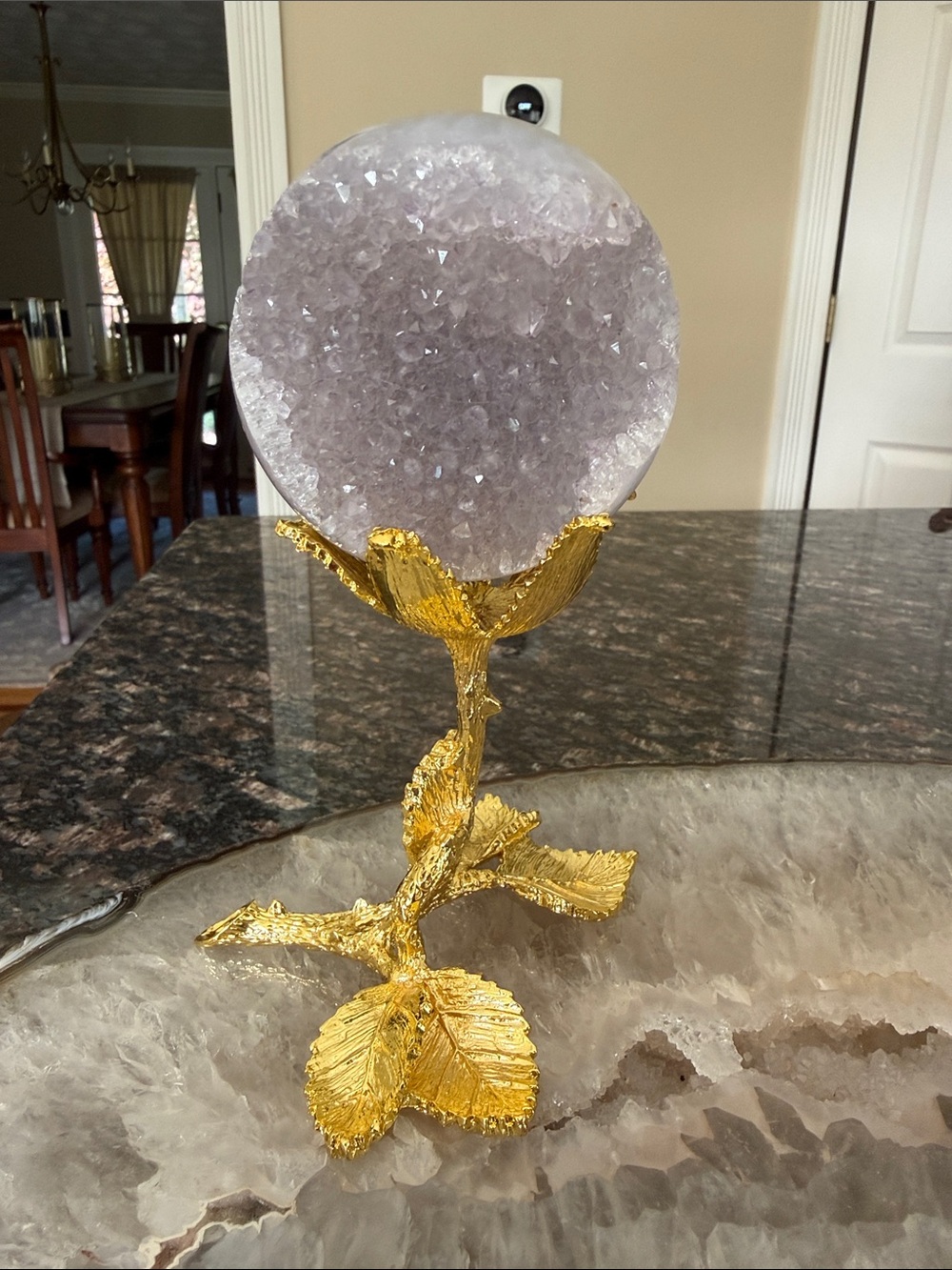 Amethyst Crystal Sphere on Gold Leaf Stand